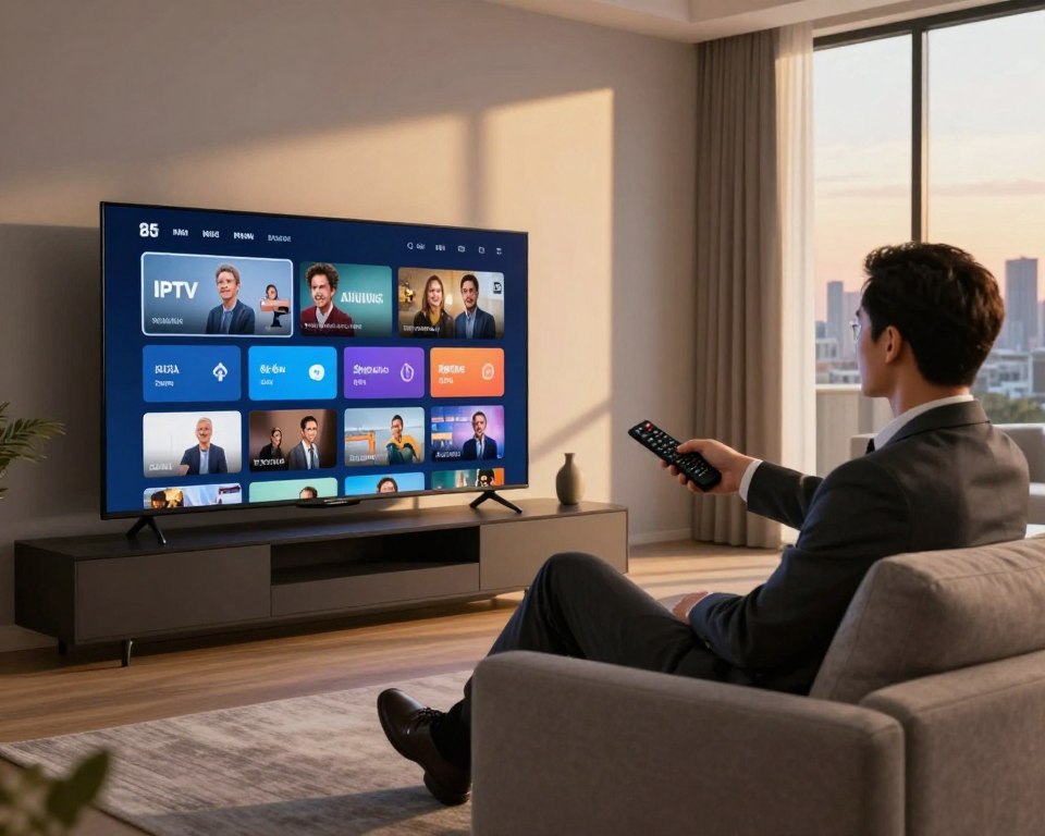 A modern living room setting as the foreground, featuring a sleek flat-screen television displaying an IPTV interface with various streaming options. In the middle, a professional individual in business attire sits comfortably on a stylish sofa, holding a remote control, engaged in selecting content. The background showcases soft ambient lighting, with a subtle play of shadows to enhance the relaxed and inviting atmosphere. Large windows reveal a view of a city skyline during sunset, casting warm golden light across the room. The overall mood is informative and engaging, reflecting a blend of comfort and technology, portraying a simple, yet effective definition of IPTV.