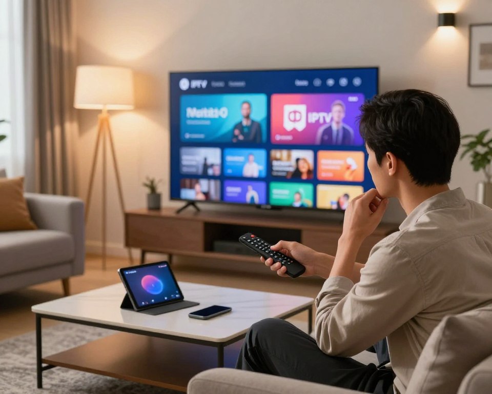 A modern living room setting designed for leisure, featuring a sleek flat-screen TV displaying a vibrant IPTV interface on the screen. In the foreground, a professional-looking individual in smart casual attire, focused on evaluating the IPTV service using a remote control, with a thoughtful expression. The middle ground includes a stylish coffee table with electronic devices like a tablet and a smartphone, beside a cozy sofa adorned with pillows. The background of the room consists of a warm, inviting ambiance, with soft lighting from floor lamps and wall sconces, creating a relaxed atmosphere. Natural light pours in through a window, enhancing the inviting feel. The composition showcases a blend of technology and comfort, emphasizing the theme of testing IPTV services.