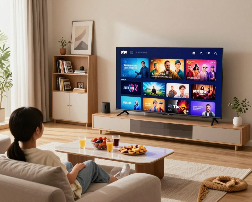 A modern living room setting, designed for relaxation and entertainment, featuring a large flat-screen television displaying vibrant, colorful IPTV content. In the foreground, a cozy sofa with plush cushions and a chic coffee table adorned with snacks and drinks. In the middle ground, a diverse collection of streaming apps and program previews visible on the TV screen, illustrating a rich variety of genres such as movies, documentaries, sports, and international shows. The background is softly lit, creating a warm and inviting atmosphere, with stylish decor and a wall-mounted bookshelf filled with books and games. The scene captures a peaceful, enjoyable family viewing experience, highlighted by natural light streaming through large windows, emphasizing comfort and accessibility of quality content during the trial period.
