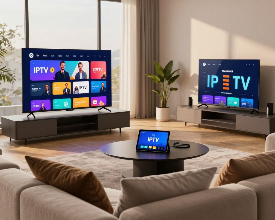 A modern living room setting, elegantly designed to illustrate optimal IPTV experience. In the foreground, a sleek, high-definition TV displaying a vibrant streaming interface with vivid colors. A comfortable sofa, adorned with modern cushions, invites viewers to relax. The middle background features a stylish coffee table with a tablet showing a graphics chart of recommended internet speeds for IPTV, with arrows pointing to ideal bandwidth. Soft, natural lighting filters in through large windows, casting warm hues across the room. The overall atmosphere is inviting and tech-savvy, emphasizing comfort and state-of-the-art technology. No people are present, ensuring focus remains on the technology and the environment.