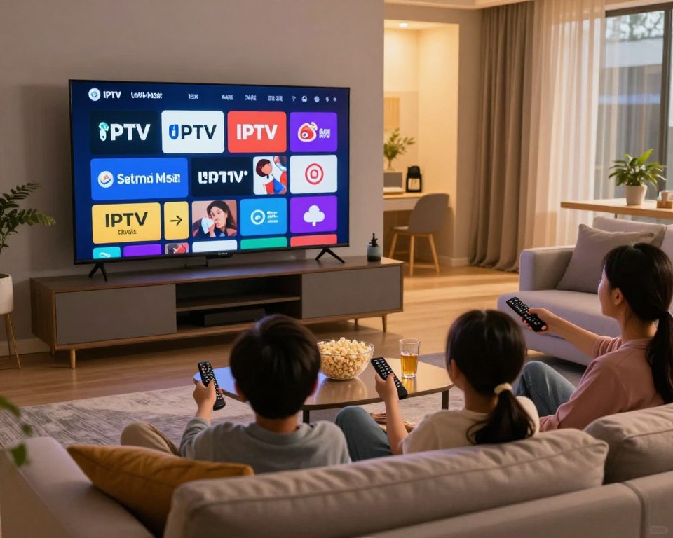 A modern living room setting featuring a large flat-screen TV displaying various IPTV channel logos in vibrant colors. In the foreground, a family of four, dressed in casual modest clothing, sits comfortably on a stylish sofa with remote controls in their hands, enjoying a movie night together. The middle ground includes coffee tables with popcorn and drinks, enhancing the cozy atmosphere. In the background, large windows allow warm, soft lighting to illuminate the room, creating a welcoming ambiance. The overall mood is joyful and relaxed, encapsulating the benefits of affordable IPTV subscriptions in 2024, emphasizing entertainment and family connection.