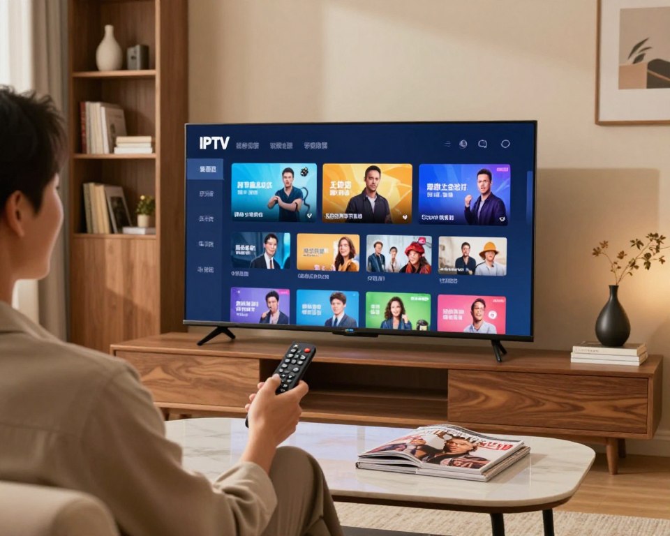A modern living room setting featuring a person comfortably navigating an IPTV channel catalog on a sleek smart TV. The foreground showcases a well-dressed individual, engaged and smiling, holding a remote control. In the middle, the TV screen displays a vibrant, visually appealing interface of IPTV channels, showcasing various program options. Soft, warm lighting illuminates the room, enhancing a cozy atmosphere, while a stylish coffee table with a few magazines adds to the ambiance. In the background, a bookshelf filled with books and decorative items creates a sophisticated touch. The scene captures a sense of enjoyment and convenience in daily user experience, evoking a feeling of relaxation and ease in entertainment choices.