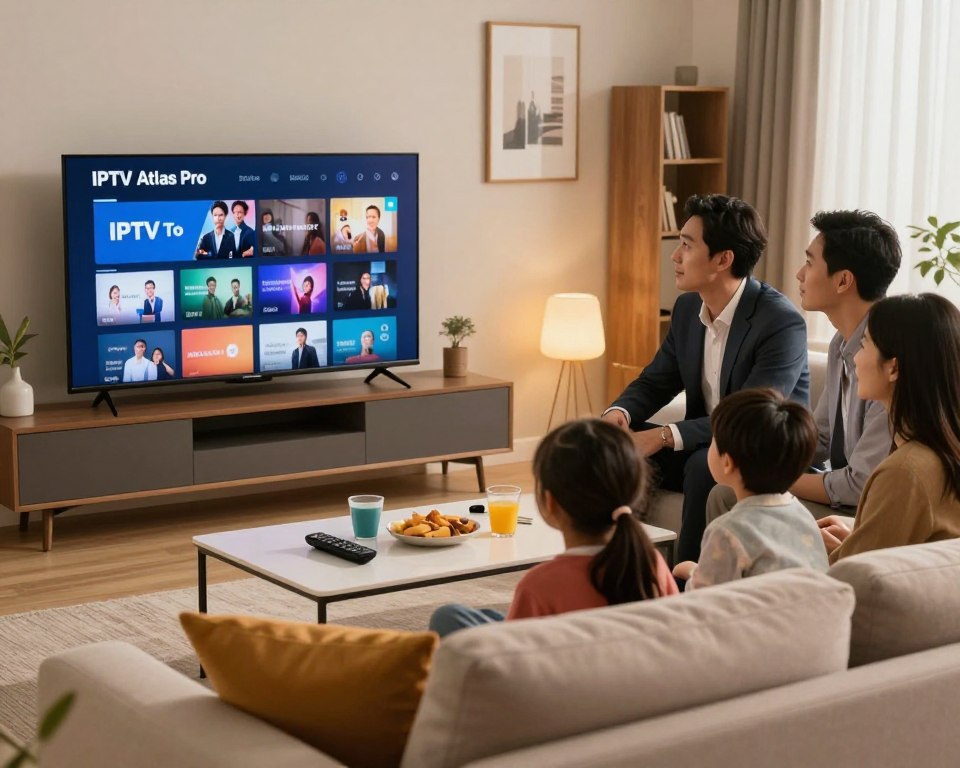 A modern living room setting featuring a sleek, contemporary TV displaying the IPTV Atlas Pro interface. In the foreground, a cozy sofa with colorful cushions, where a family of four—two adults in professional business attire and two kids casually dressed—are engaged in selecting from various streaming options on the screen. The middle of the image should include a stylish coffee table with remote controls, snacks, and drinks, emphasizing a relaxed viewing experience. The background presents a softly lit room with warm tones, framed pictures on the wall, and a stylish bookshelf. The atmosphere should feel inviting and tech-savvy, capturing the essence of choosing the perfect IPTV offer. Use soft, natural lighting to enhance the homely feel, with a focus on the expressions of anticipation and excitement on the family's faces.