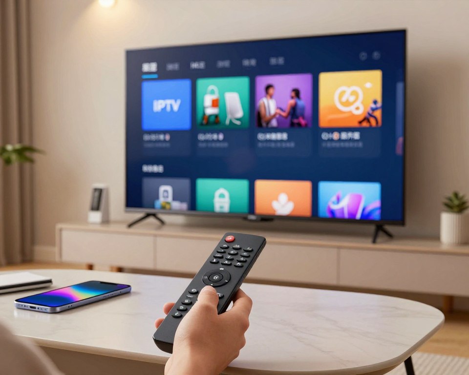 A modern living room setting featuring a sleek smart TV displaying an IPTV interface, with a stylish remote control prominently placed on a coffee table. In the foreground, a pair of hands gently adjusting the TV settings, showcasing compatibility features with various devices like a smartphone and tablet nearby. The background reveals a cozy, well-lit ambiance with soft overhead lighting, highlighting the vibrant colors of the IPTV interface on the screen. A subtle reflection of furniture can be seen on the TV screen, adding depth. The mood is inviting and tech-savvy, emphasizing ease of installation and modern technology.