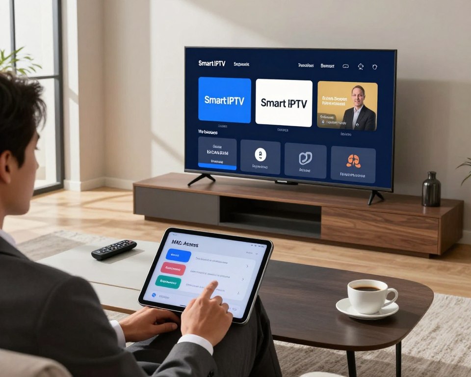 A modern living room setting featuring a sleek smart TV displaying the Smart IPTV application interface. In the foreground, a person dressed in professional business attire is interacting with a tablet, showing the active MAC address for the application. The middle layer includes a stylish coffee table with a remote control and a cup of coffee. The background features large windows with natural daylight streaming in, casting soft shadows to create a warm and inviting atmosphere. The overall mood is professional yet relaxed, emphasizing the ease of activating the Smart IPTV application. Use a wide-angle lens to capture the entire scene, with a focus on the tablet and television screen as the primary subjects. Adjust lighting to highlight the technology and create an engaging visual effect.
