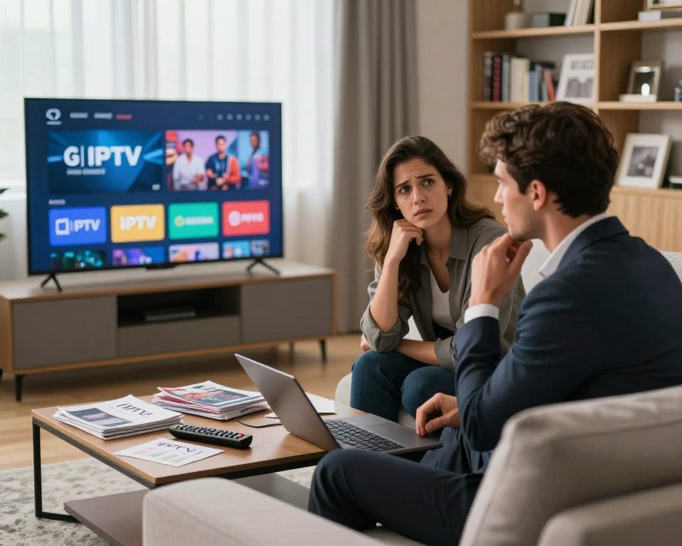 A modern living room setting, featuring a sleek television displaying a streaming service interface. In the foreground, a well-dressed professional man and woman are discussing IPTV options, with expressions of contemplation and concern. The couple sits on a comfortable sofa, surrounded by gadgets like a remote control and a laptop. The middle ground includes a coffee table cluttered with brochures and notes on IPTV pitfalls, symbolizing careful consideration. Soft, natural lighting from a nearby window bathes the scene, enhancing a warm and inviting atmosphere. In the background, shelves lined with entertainment media evoke the world of streaming services. The overall mood is focused and serious, highlighting the importance of informed choices in IPTV services.