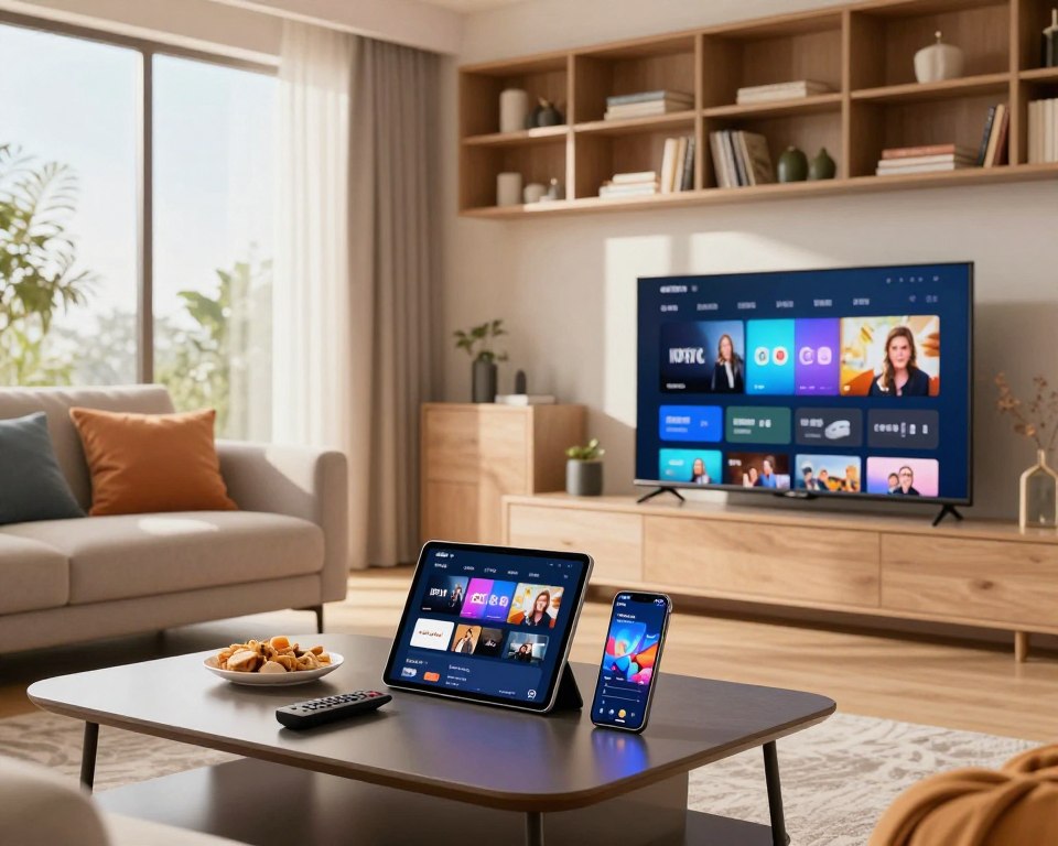 A modern living room setting featuring different devices displaying IPTV Stream Player on their screens, such as a smart TV, a tablet, and a smartphone. In the foreground, a sleek coffee table with a digital remote and snacks, creating a cozy atmosphere. The room is well-lit with natural light streaming through a large window, casting soft shadows, enhancing the ambiance. The middle ground features a comfortable sofa with colorful cushions. In the background, a wall-mounted bookshelf filled with books and decorative items. The mood is inviting and tech-savvy, reflecting a seamless multi-platform experience. The image should be framed to focus on the devices and the home environment, ensuring clarity and visual appeal.
