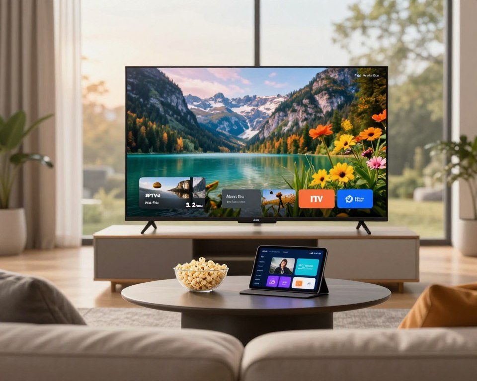 A modern living room setting showcasing a sleek, large-screen television displaying vibrant, high-definition visuals of nature scenes. The foreground features a cozy, stylish sofa with plush cushions, arranged perfectly for comfortable viewing. In the middle ground, a contemporary coffee table is adorned with a bowl of popcorn and a tablet displaying the IPTV Atlas Pro interface, suggesting an easy, user-friendly experience. The background showcases a large window letting in soft, warm natural light, enhancing the inviting atmosphere. Use a shallow depth of field to focus on the television and its content, emphasizing the fluidity and premium quality of the viewing experience. The overall mood should convey relaxation and satisfaction, evoking a sense of enjoyment and ease with high-quality entertainment.