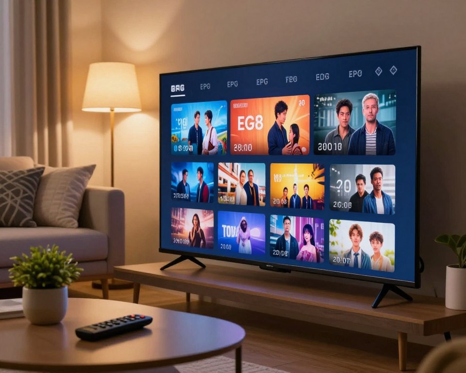 A modern living room setting showcasing an interactive electronic program guide (EPG) displayed on a sleek, flat-screen TV. In the foreground, a stylish coffee table with a remote control and a small potted plant. In the middle ground, the TV screen prominently features dynamic visuals of various TV show thumbnails and times, illustrating the EPG's functionality. The background reveals a cozy couch with decorative cushions, softly illuminated by warm, ambient lighting that creates a welcoming atmosphere. The scene captures a sense of convenience and advanced technology, evoking a feeling of excitement for viewers looking to explore their TV options. The angle is slightly tilted downwards to focus on the TV, enhancing the viewer's engagement with the guide interface. A modern living room setting showcasing an interactive electronic program guide (EPG) displayed on a sleek, flat-screen TV. In the foreground, a stylish coffee table with a remote control and a small potted plant. In the middle ground, the TV screen prominently features dynamic visuals of various TV show thumbnails and times, illustrating the EPG's functionality. The background reveals a cozy couch with decorative cushions, softly illuminated by warm, ambient lighting that creates a welcoming atmosphere. The scene captures a sense of convenience and advanced technology, evoking a feeling of excitement for viewers looking to explore their TV options. The angle is slightly tilted downwards to focus on the TV, enhancing the viewer's engagement with the guide interface.