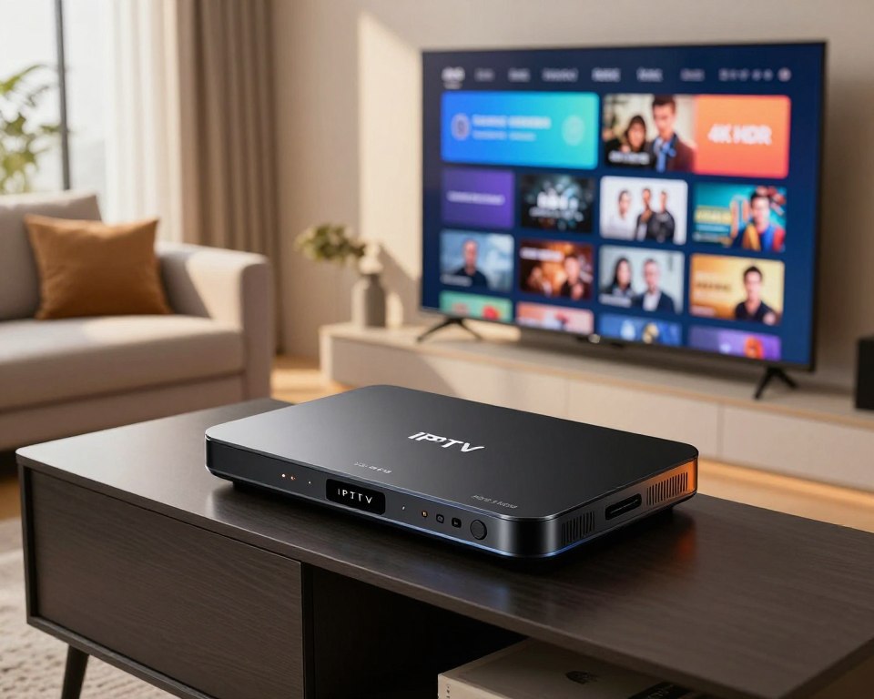 A modern living room setup featuring a sleek IPTV box on a stylish media console, positioned prominently in the foreground. The IPTV box is designed with a glossy black finish, illuminated by soft ambient lighting that highlights its features. In the middle ground, a large 4K HDR television displays a vivid streaming interface, showcasing colorful graphics and high-resolution images of shows and movies. The background includes a cozy couch adorned with plush cushions and a warm atmosphere created by natural light streaming in through large windows. The scene conveys a sense of modern technology and quality entertainment, with a clean and sophisticated aesthetic, captured in a high-angle shot to evoke an inviting mood.