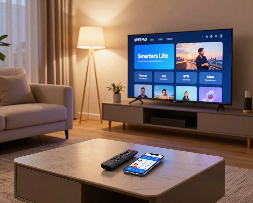 A modern living room setup featuring a sleek, large flat-screen television displaying the interface of IPTV Smarters Lite. In the foreground, a handsomely designed coffee table with a stylish remote control and a smartphone showcasing the app. The middle layer includes a comfortable sofa with plush cushions, emphasizing a cozy atmosphere. In the background, soft ambient lighting from floor lamps casts a warm glow, enhancing the inviting feel of the space. The mood should be relaxed and tech-savvy, capturing the essence of easy and quick setup. The perspective is from a slightly elevated angle, showcasing the entire room layout without human subjects. A modern living room setup featuring a sleek, large flat-screen television displaying the interface of IPTV Smarters Lite. In the foreground, a handsomely designed coffee table with a stylish remote control and a smartphone showcasing the app. The middle layer includes a comfortable sofa with plush cushions, emphasizing a cozy atmosphere. In the background, soft ambient lighting from floor lamps casts a warm glow, enhancing the inviting feel of the space. The mood should be relaxed and tech-savvy, capturing the essence of easy and quick setup. The perspective is from a slightly elevated angle, showcasing the entire room layout without human subjects.