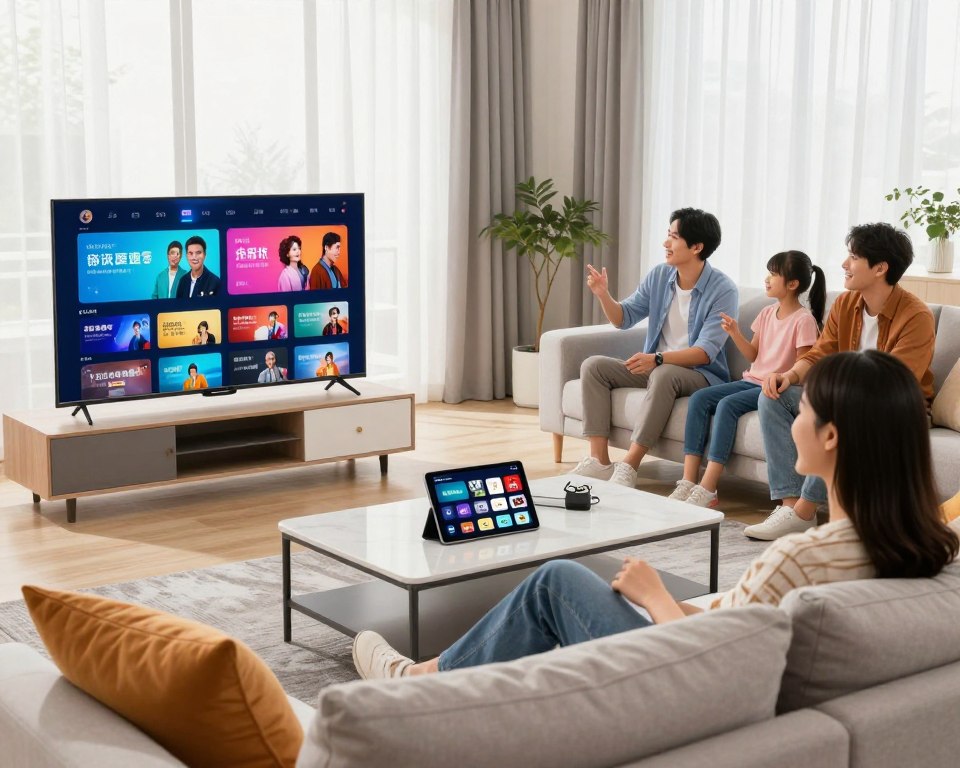A modern living room showcasing the advantages of IPTV. In the foreground, a sleek smart television displays vibrant streaming options. A comfortable couch with colorful cushions invites relaxation, while a stylish coffee table holds a tablet with various IPTV apps open, illustrating ease of access. In the middle ground, a family gathered enjoys watching a high-definition show together, each member depicting joy and engagement, all dressed in casual yet presentable clothing. The background features large windows with soft natural light pouring in, complementing the cozy atmosphere. The scene is bright and welcoming, emphasizing the convenience, variety, and enjoyment of modern IPTV. Use a wide-angle lens to create a spacious feel, capturing the room's inviting layout.