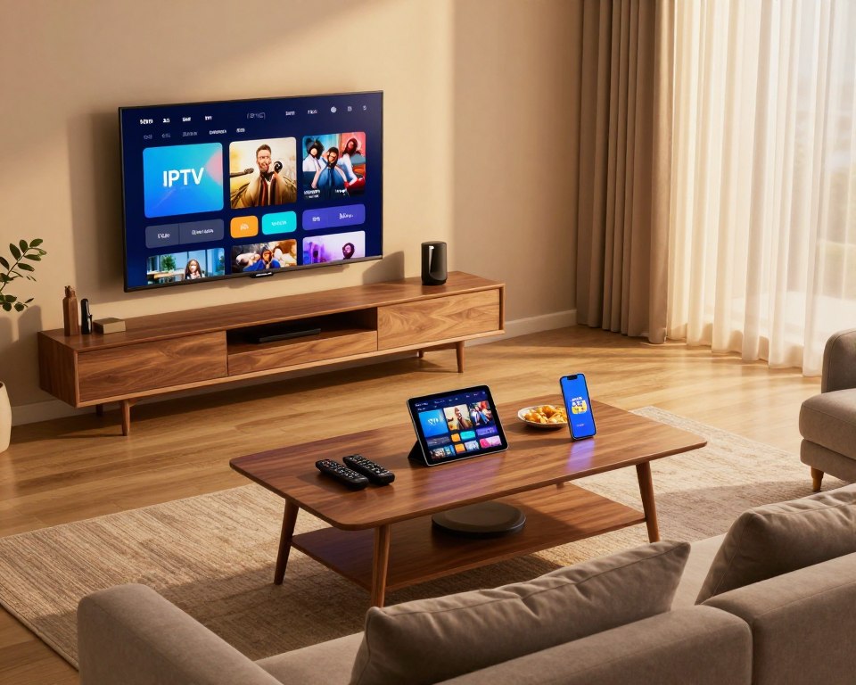 A modern living room showcasing various devices compatible with IPTV, including a sleek flat-screen TV mounted on the wall, a tablet on a coffee table, and a smartphone displaying the IPTV interface. In the foreground, a stylish couch faces the TV, with warm, ambient lighting to create a cozy atmosphere. The middle features a wooden coffee table adorned with a few remote controls and snacks, blending a sense of comfort with technology. In the background, soft curtains filter natural light, enhancing the inviting feel of the room. The angle captures the scene from slightly above, emphasizing the harmony between entertainment and relaxation in a contemporary setting. The overall mood is vibrant yet relaxing, ideal for enjoying IPTV services across multiple devices.