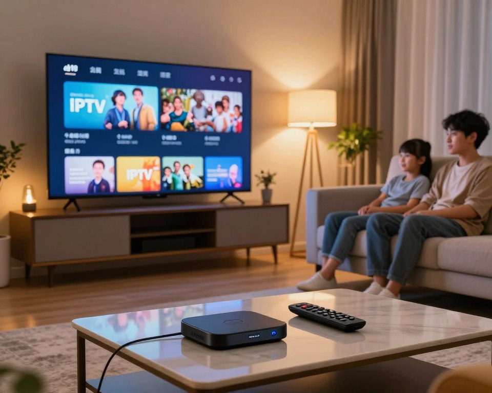 A modern living room with a high-definition television displaying a vibrant streaming interface, illustrating the concept of IPTV technology. In the foreground, a sleek coffee table holds devices like a streaming box and a remote control, suggesting ease of use. In the middle ground, a family sits comfortably on a stylish couch, engaged in watching their favorite shows, dressed in casual but tidy clothing. The background features a warm, inviting atmosphere with soft lighting, framed by curtains and decorative plants, enhancing the sense of a home environment. The overall mood is cozy and technological, capturing the seamless integration of IPTV into daily life. A modern living room with a high-definition television displaying a vibrant streaming interface, illustrating the concept of IPTV technology. In the foreground, a sleek coffee table holds devices like a streaming box and a remote control, suggesting ease of use. In the middle ground, a family sits comfortably on a stylish couch, engaged in watching their favorite shows, dressed in casual but tidy clothing. The background features a warm, inviting atmosphere with soft lighting, framed by curtains and decorative plants, enhancing the sense of a home environment. The overall mood is cozy and technological, capturing the seamless integration of IPTV into daily life.