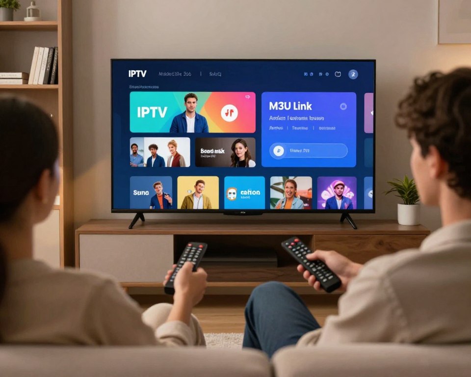 A modern living room with a sleek television showcasing a user-friendly IPTV interface, prominently displaying options for adding an M3U playlist. In the foreground, a person in smart casual attire sits on a comfortable sofa, interacting with a remote control, with a focused expression on their face. The middle layer features the TV screen with vibrant graphics illustrating various channel options and a highlighted section for entering the M3U link. The background includes a stylish bookshelf and soft ambient lighting, creating a cozy yet tech-savvy atmosphere. The overall mood conveys a sense of ease and excitement about the smart TV experience, captured from a slightly elevated angle with warm, inviting colors.