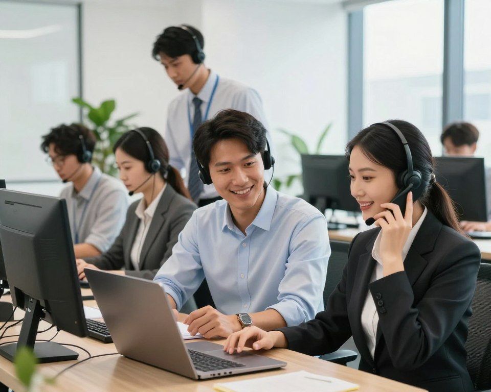 A modern office environment showcasing a diverse group of professional support staff assisting clients. In the foreground, a friendly male technician in a smart shirt helps a client with a laptop, while a female customer service representative, dressed in business attire, answers a phone call with a warm smile. In the middle ground, additional support staff engage with clients, providing guidance and support at their desks with headsets. The background features bright, natural lighting coming from large windows, illuminating the workspace, and a few green plants adding a touch of warmth. The atmosphere is collaborative and supportive, conveying a sense of professionalism and dedication to customer service.