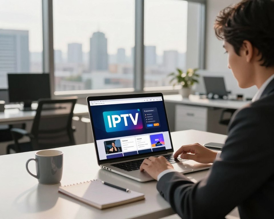 A modern office environment showcasing a sleek, minimalist desk with a laptop displaying IPTV subscription options in clear, vibrant graphics. In the foreground, a professional in business attire analyzes the screen, surrounded by subtle items like a notepad and a stylish mug, conveying a sense of productivity and engagement. The middle ground features a large window with natural light streaming in, casting soft shadows that create an inviting atmosphere. The background includes a city skyline, representing innovation and technology. The scene captures a mood of enthusiasm and discovery, inviting the viewer to delve into the world of IPTV subscriptions. The lighting is warm and inviting, emphasizing clarity and professionalism, with a slight focus that draws attention to the IPTV details on the laptop screen.