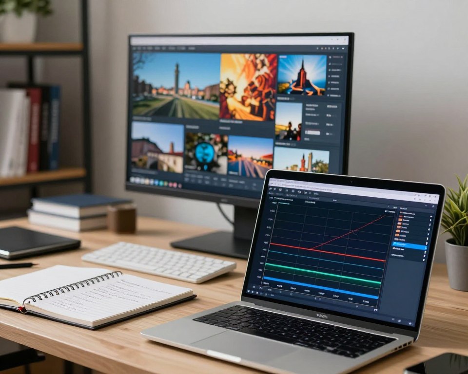 A modern, professional workspace scene displaying various quality assessment criteria for image quality evaluation. In the foreground, a sleek laptop is open, showcasing a detailed graph of metrics like resolution, color accuracy, and streaming stability. Beside it, a notepad with handwritten notes on performance indicators. In the middle ground, a well-organized desk featuring a high-resolution monitor displaying live IPTV streaming, with vivid colors and sharp details. The background features soft-focus shelves filled with technology-related books, enhancing the professional ambiance. The lighting is bright and inviting, emphasizing clarity and focus. The overall mood is one of motivation and professionalism, capturing the essence of quality evaluation in a contemporary setting.