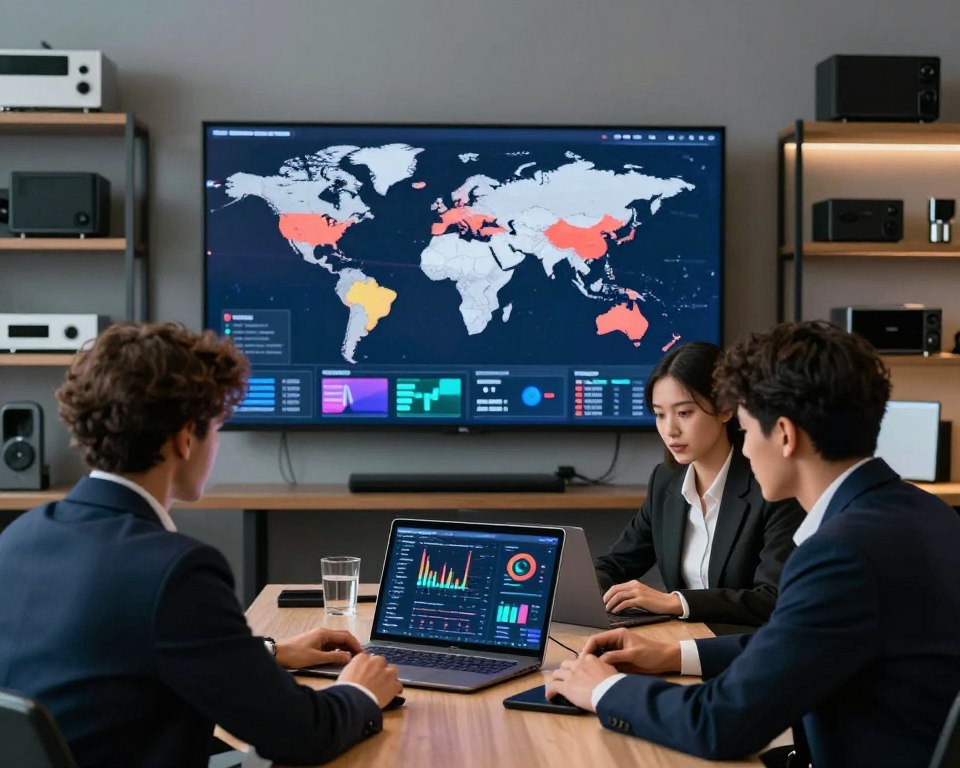 A modern professional workspace setup focused on resolving geo-blocking and streaming quality issues. In the foreground, a diverse group of three individuals in smart business attire collaborate over a laptop, analyzing streaming data with graphs and charts visible on the screen. The middle layer features a large wall-mounted screen showcasing a world map with highlighted regions indicating blocked content areas, and various streaming quality metrics displayed through colorful graphics. The background includes shelves filled with various media devices and technical equipment, with soft, focused lighting underscores the atmosphere of innovation and problem-solving. The overall mood conveys teamwork and determination in overcoming streaming challenges, with a clean, tech-savvy aesthetic.