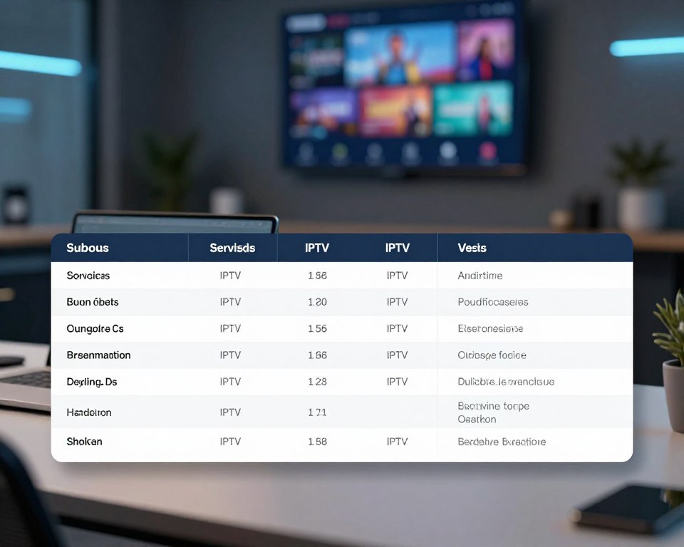 A modern, sleek comparison table showcasing various IPTV subscription offers, designed for a tech-savvy audience. In the foreground, focus on a well-structured table with clear columns labeled with service names, pricing, and features, all in a visually appealing layout. The middle section features soft, diffused lighting that highlights the table, emphasizing its key details with a slight shadow for depth. In the background, there is a blurred, tech-themed office with a hint of a large screen displaying IPTV content, creating an immersive atmosphere. The overall mood is professional and engaging, inviting readers to explore the options. The image should be clean, without any text or watermarks, providing a clear visual representation of affordable IPTV services.