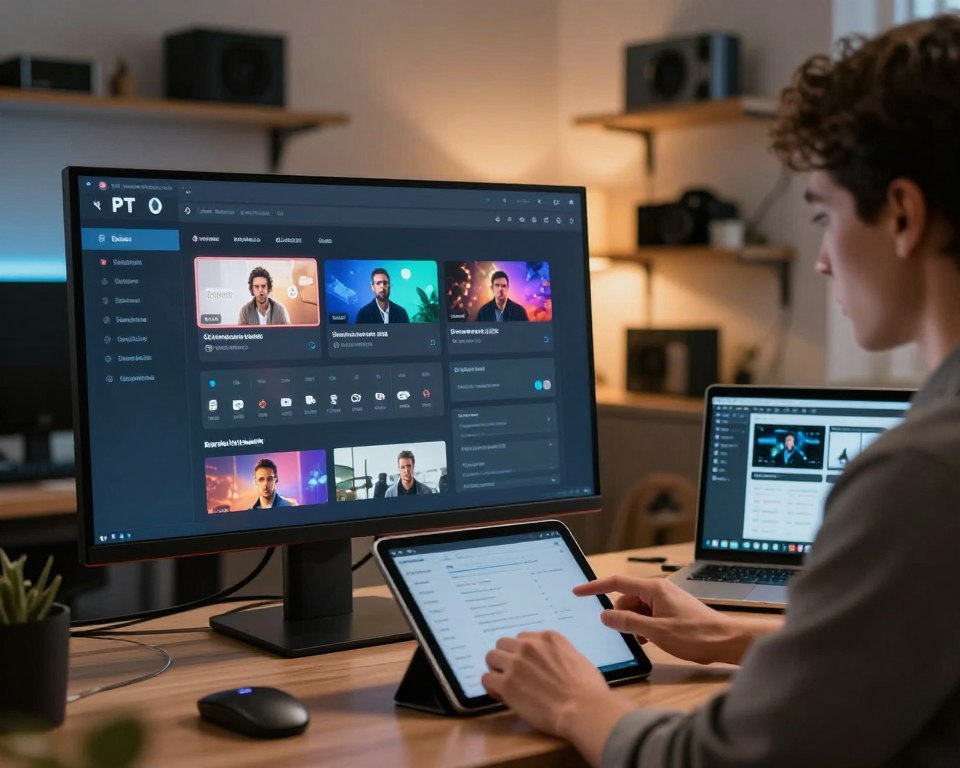 A modern, sleek digital workspace showcasing an IPTV applications configuration interface displayed on a large monitor in the foreground. The screen features various IPTV settings, icons representing different services, and user-friendly navigation elements, with a semi-transparent overlay for emphasis. In the middle, a focused individual, dressed in professional attire, is interacting with a tablet and laptop, examining configurations with a look of concentration. The background includes soft-focus shelves filled with tech gadgets, cables, and a warm ambient light illuminating the room, creating a tech-savvy and inviting atmosphere. The perspective is slightly angled to highlight the digital tools while maintaining an overall clean and organized aesthetic. The mood is professional, innovative, and engaging, illustrating the complexity and accessibility of IPTV service configuration. A modern, sleek digital workspace showcasing an IPTV applications configuration interface displayed on a large monitor in the foreground. The screen features various IPTV settings, icons representing different services, and user-friendly navigation elements, with a semi-transparent overlay for emphasis. In the middle, a focused individual, dressed in professional attire, is interacting with a tablet and laptop, examining configurations with a look of concentration. The background includes soft-focus shelves filled with tech gadgets, cables, and a warm ambient light illuminating the room, creating a tech-savvy and inviting atmosphere. The perspective is slightly angled to highlight the digital tools while maintaining an overall clean and organized aesthetic. The mood is professional, innovative, and engaging, illustrating the complexity and accessibility of IPTV service configuration.