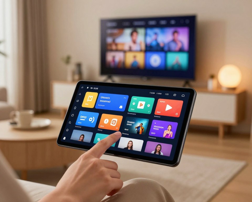 A modern, sleek electronic device displaying a user-friendly interface of an IPTV application with vibrant features highlighted, such as a customizable channel layout and interactive recommendations. In the foreground, a close-up view of a hand interacting with the touchscreen, showcasing a digital guide with colorful icons representing smart functionalities like voice control, streaming options, and personalized playlists. The middle ground features a stylish living room setting, complete with a large high-definition TV and a cozy sofa, creating a homey atmosphere. In the background, soft ambient lighting casts a warm glow, enhancing the inviting mood. The image should have a slight depth of field, focusing on the device while softly blurring the surrounding environment, evoking a sense of innovation and comfort.