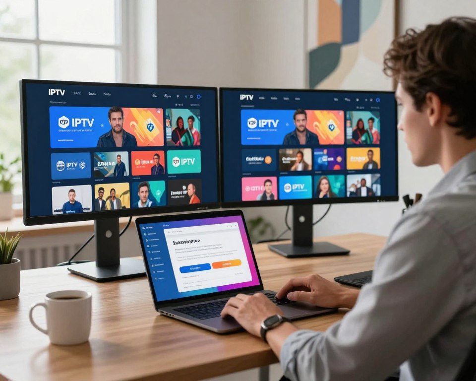 A modern, sleek home office environment featuring a professional-looking individual in business attire, sitting at a stylish desk with multiple monitors displaying vibrant IPTV interface screenshots, showcasing a variety of channels and streaming options. The foreground includes a computer keyboard and a coffee mug, adding a personal touch. In the middle ground, there’s an open laptop displaying a subscription form for IPTV services, with bright colors and clear graphics reflecting the premium aesthetic. Soft, natural lighting filters in through a nearby window, creating an inviting and productive atmosphere. The background features abstract art on the wall, emphasizing a contemporary style, enhancing the tech-savvy vibe of the scene. The overall mood is focused and aspirational, perfect for illustrating the process of subscribing to IPTV services.