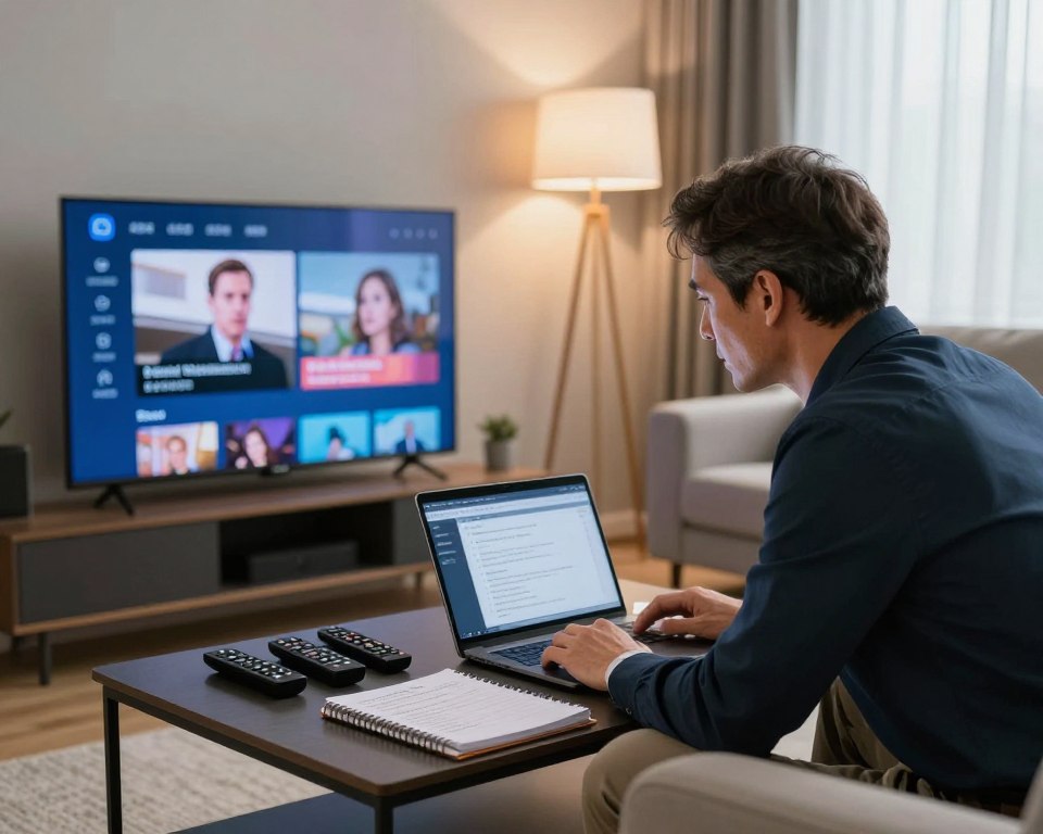 A modern, sleek living room featuring a person in professional attire troubleshooting a smart TV issue related to streaming problems. In the foreground, focus on the individual, a middle-aged Caucasian male, intently analyzing the TV screen with a focused expression. The middle ground includes a stylish coffee table cluttered with remote controls, a laptop displaying troubleshooting steps, and a notepad with notes. The background shows contemporary décor, soft ambient lighting from a floor lamp, and a cozy couch. The mood is calm and productive, capturing an atmosphere of self-sufficiency and problem-solving in a smart home context. Use a warm color palette to create a welcoming feel, with natural light filtering through a window to enhance clarity and focus on the task at hand. A modern, sleek living room featuring a person in professional attire troubleshooting a smart TV issue related to streaming problems. In the foreground, focus on the individual, a middle-aged Caucasian male, intently analyzing the TV screen with a focused expression. The middle ground includes a stylish coffee table cluttered with remote controls, a laptop displaying troubleshooting steps, and a notepad with notes. The background shows contemporary décor, soft ambient lighting from a floor lamp, and a cozy couch. The mood is calm and productive, capturing an atmosphere of self-sufficiency and problem-solving in a smart home context. Use a warm color palette to create a welcoming feel, with natural light filtering through a window to enhance clarity and focus on the task at hand.