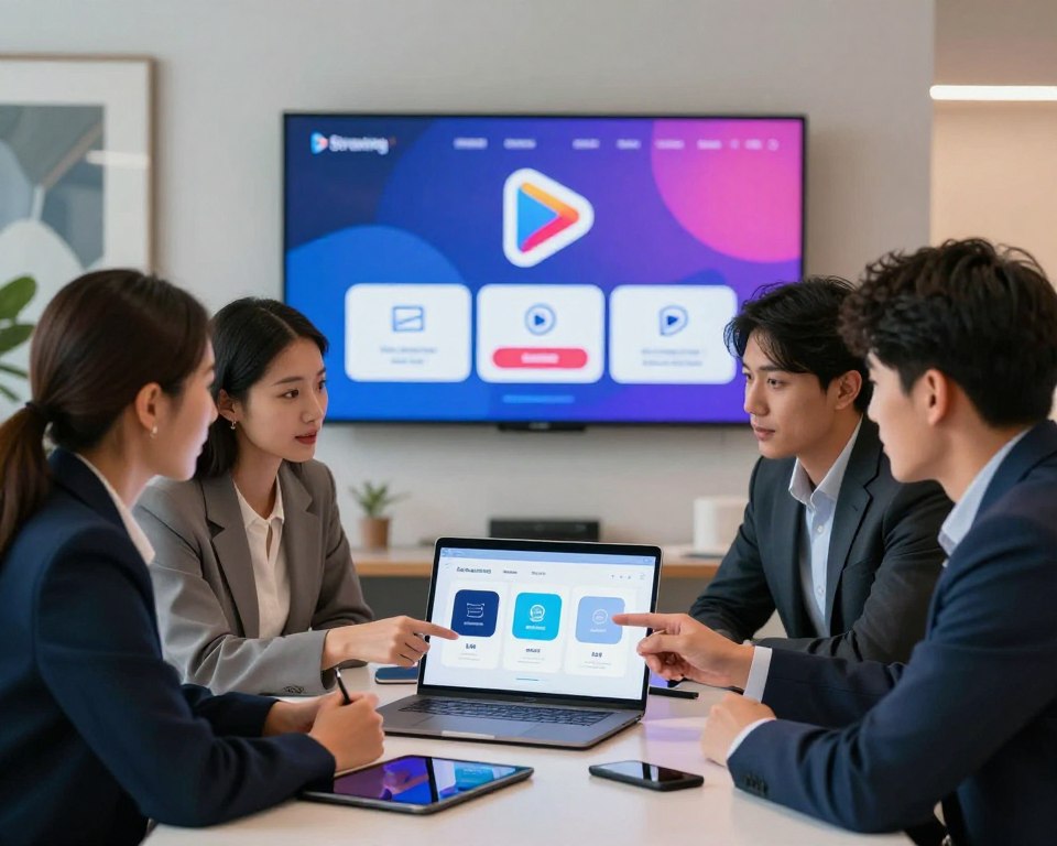 A modern, sleek office environment focusing on a step-by-step subscription process for a streaming service. In the foreground, a diverse group of three professionals, female and male, wearing smart business attire, are gathered around a table with a laptop and digital tablets. They appear engaged in discussion, pointing at a clear digital interface displayed on a laptop screen showcasing three distinct steps to subscribe. In the middle, a large screen on the wall displays vibrant graphics of a streaming service logo and icons representing content categories. The background features abstract art and soft lighting that creates a welcoming atmosphere, enhancing the mood of collaboration and innovation. The overall image should have a well-lit, polished appearance, emphasizing clarity and professionalism.