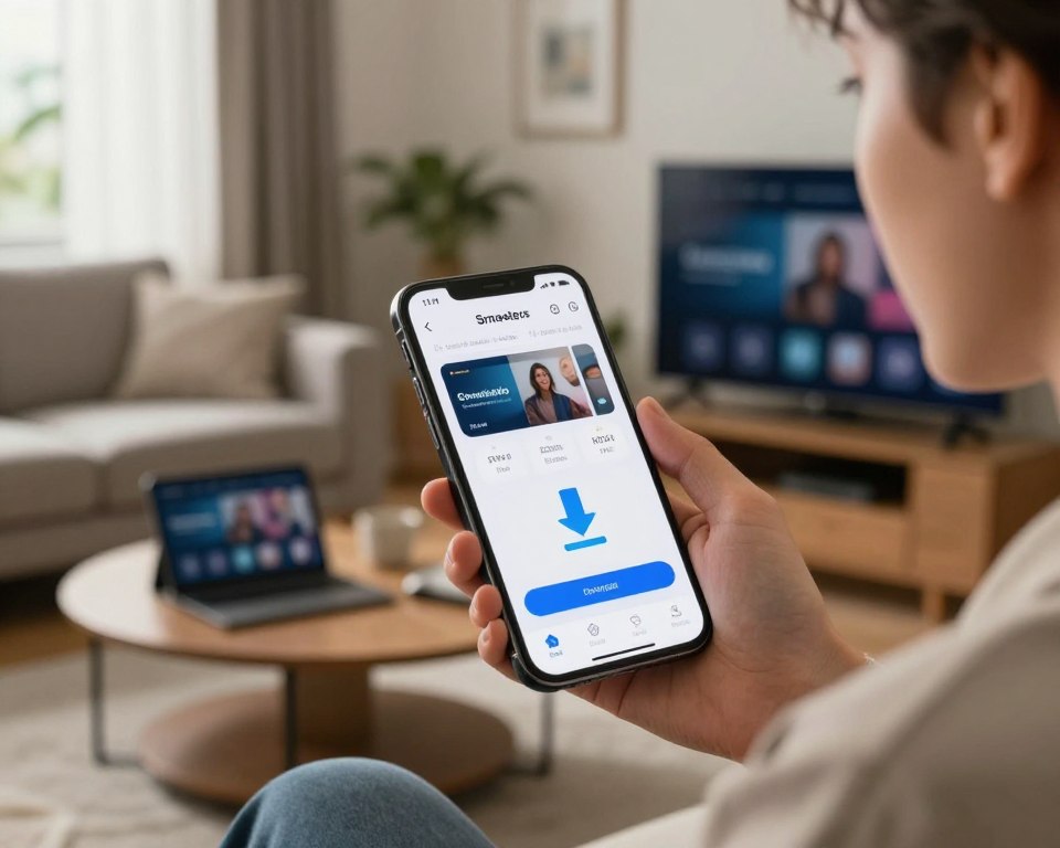 A modern smartphone displaying the "Smarters" application interface on its screen, prominently featuring an iconic download button. The foreground showcases the smartphone held by a professional individual dressed in smart casual clothing, with a focused expression, symbolizing the ease of installation. In the middle background, a cozy living room setting includes a stylish sofa and a coffee table with a tablet and a TV casting screen mirroring the application. The atmosphere is warm and inviting, illuminated by soft, natural light coming from a nearby window. The angle captures the excitement of streaming possibilities, emphasizing a seamless user experience. Overall, the scene exudes a tech-savvy, user-friendly vibe appropriate for downloading and installing IPTV applications.