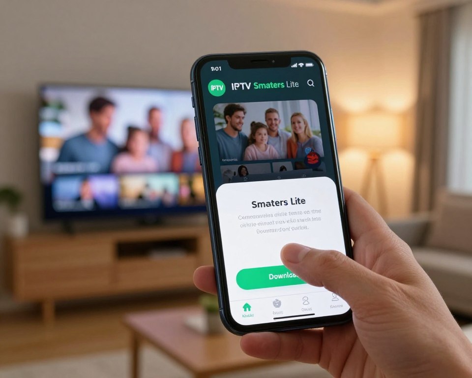 A modern smartphone displaying the official IPTV Smarters Lite app interface, highlighting the download process. In the foreground, a close-up of a finger tapping the 'Download' button, showcasing a sense of urgency and security. The middle layer features a blurred, stylish living room setup, emphasizing a smart TV and a family enjoying media entertainment, conveying a homey atmosphere. In the background, soft ambient lighting illuminates the room, casting a warm glow that enhances the feeling of security. The image should evoke a sense of trust and professionalism, with sleek, modern design elements throughout. No text or overlays should be present, focusing purely on the visual representations of safety and officiality in app usage. A modern smartphone displaying the official IPTV Smarters Lite app interface, highlighting the download process. In the foreground, a close-up of a finger tapping the 'Download' button, showcasing a sense of urgency and security. The middle layer features a blurred, stylish living room setup, emphasizing a smart TV and a family enjoying media entertainment, conveying a homey atmosphere. In the background, soft ambient lighting illuminates the room, casting a warm glow that enhances the feeling of security. The image should evoke a sense of trust and professionalism, with sleek, modern design elements throughout. No text or overlays should be present, focusing purely on the visual representations of safety and officiality in app usage.