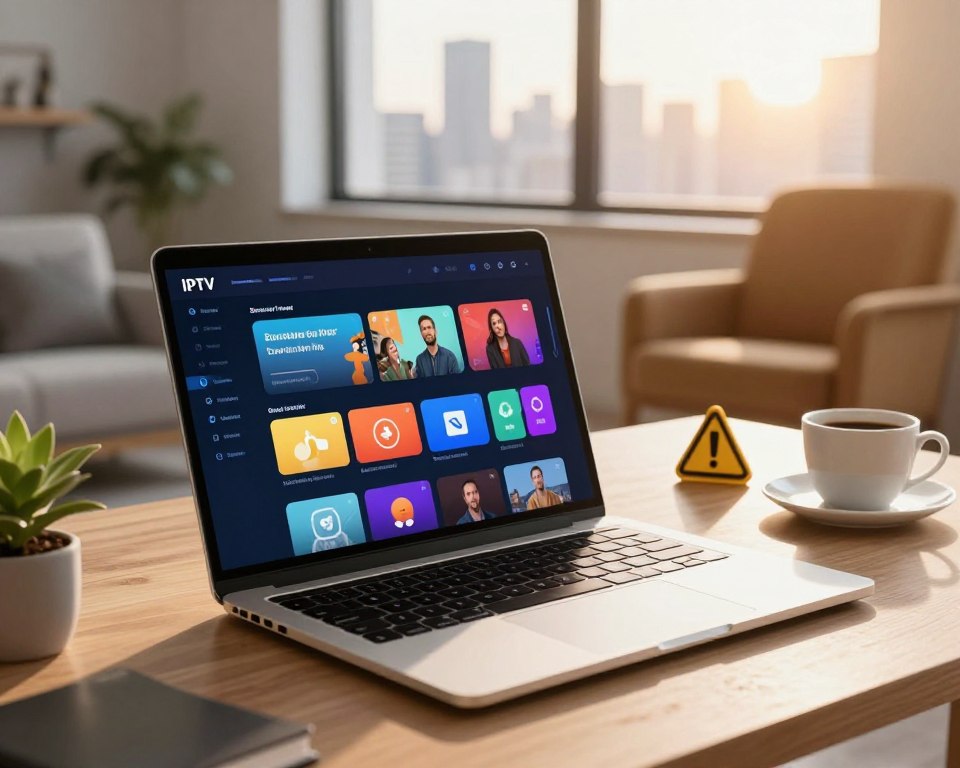 A modern, stylish digital workspace depicting the concept of IPTV Stream Player. In the foreground, a sleek laptop is open, showcasing an innovative interface of a streaming application featuring vibrant graphics and icons symbolizing various features. Beside the laptop, there are tools representing advantages and limits, like a small plant symbolizing growth for benefits and a caution sign for limitations. In the middle ground, a comfortable chair and a coffee cup add a cozy atmosphere to the workspace. The background features a window with a view of a city skyline, illuminated by warm sunlight, creating an inviting mood. The lighting is soft and warm, enhancing the sense of innovation and practicality, shot from a slightly elevated angle to give a comprehensive perspective.