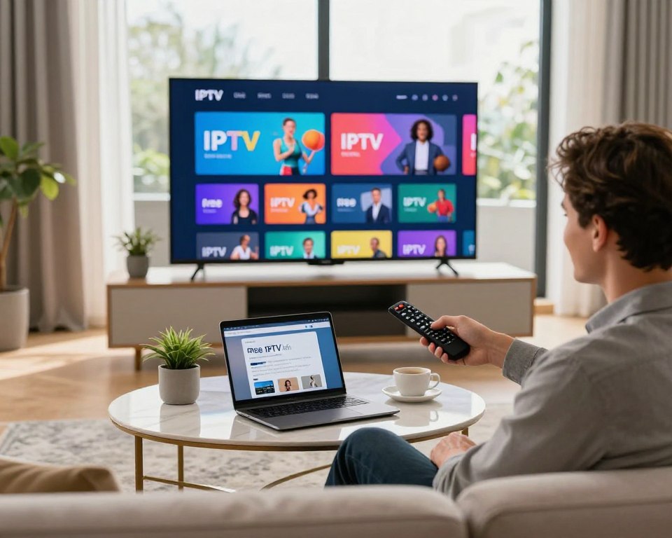 A modern, stylish living room scene featuring a sleek television displaying an IPTV interface with vibrant channels. In the foreground, a professional-looking person in business casual attire is sitting on a comfortable couch, holding a remote control, with a look of satisfaction on their face as they explore the IPTV options. The middle ground includes an elegant coffee table with an open laptop showing steps to obtain a free IPTV trial, surrounded by decorative items like a plant and a coffee cup. The background showcases large windows with natural light streaming in, creating a warm and inviting atmosphere. The overall mood is engaging and informative, emphasizing the ease of accessing quality IPTV services.
