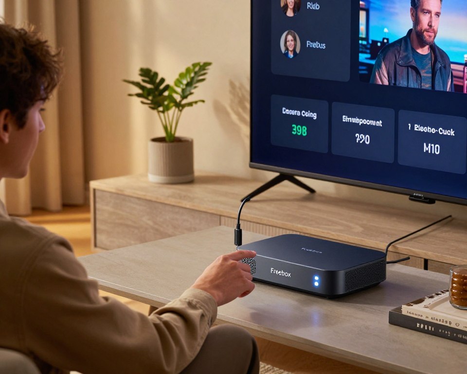 A modern, well-lit living room showcasing a sleek Freebox device on a stylish media console. In the foreground, a focused view of a professional, casually dressed person adjusting the settings on a high-definition television, highlighting the user-friendly interface. The middle ground includes a detailed look at the Freebox with illuminated buttons and a clear HDMI connection to the TV. The background features a cozy home atmosphere with warm ambient lighting, a decorative plant, and a contemporary coffee table, accentuating the ease of integrating IPTV. The scene conveys a sense of clarity and sophistication, perfect for a guide on configuring IPTV technology in a home setting. A modern, well-lit living room showcasing a sleek Freebox device on a stylish media console. In the foreground, a focused view of a professional, casually dressed person adjusting the settings on a high-definition television, highlighting the user-friendly interface. The middle ground includes a detailed look at the Freebox with illuminated buttons and a clear HDMI connection to the TV. The background features a cozy home atmosphere with warm ambient lighting, a decorative plant, and a contemporary coffee table, accentuating the ease of integrating IPTV. The scene conveys a sense of clarity and sophistication, perfect for a guide on configuring IPTV technology in a home setting.