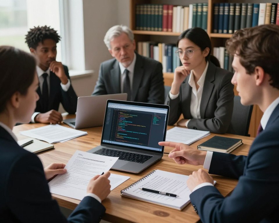 A professional and informative workspace focused on the legal and ethical aspects of public IPTV lists. In the foreground, a sleek wooden desk is covered with legal documents, a laptop displaying code and data related to IPTV, and a notepad with handwritten notes on broadcasting regulations. In the middle ground, a diverse group of three professionals in business attire engage in discussion, with one pointing at the laptop screen, deep in thought. The background features a bookshelf filled with legal books and reference materials on digital media laws. Soft, natural lighting filters through a window, creating a focused and contemplative atmosphere, emphasizing the serious nature of the discussion surrounding IPTV legality. The composition is shot from a slightly elevated angle to capture all elements effectively.