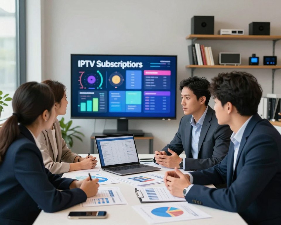 A professional and stylish office environment showcasing an analysis of IPTV subscription offers. In the foreground, a diverse group of three individuals—two men and one woman—are engaged in a focused discussion over a table cluttered with charts, graphs, and a laptop displaying subscription data. The men wear tailored suits, while the woman is dressed in business casual attire. In the middle ground, a large screen on the wall displays colorful charts and IPTV channel offerings. The background features shelves filled with books and digital devices, enhancing the modern feel. Bright, natural lighting filters through large windows, creating an inviting and analytical atmosphere. The overall mood is one of professionalism and teamwork, highlighting the process of choosing the best IPTV subscription. A professional and stylish office environment showcasing an analysis of IPTV subscription offers. In the foreground, a diverse group of three individuals—two men and one woman—are engaged in a focused discussion over a table cluttered with charts, graphs, and a laptop displaying subscription data. The men wear tailored suits, while the woman is dressed in business casual attire. In the middle ground, a large screen on the wall displays colorful charts and IPTV channel offerings. The background features shelves filled with books and digital devices, enhancing the modern feel. Bright, natural lighting filters through large windows, creating an inviting and analytical atmosphere. The overall mood is one of professionalism and teamwork, highlighting the process of choosing the best IPTV subscription.