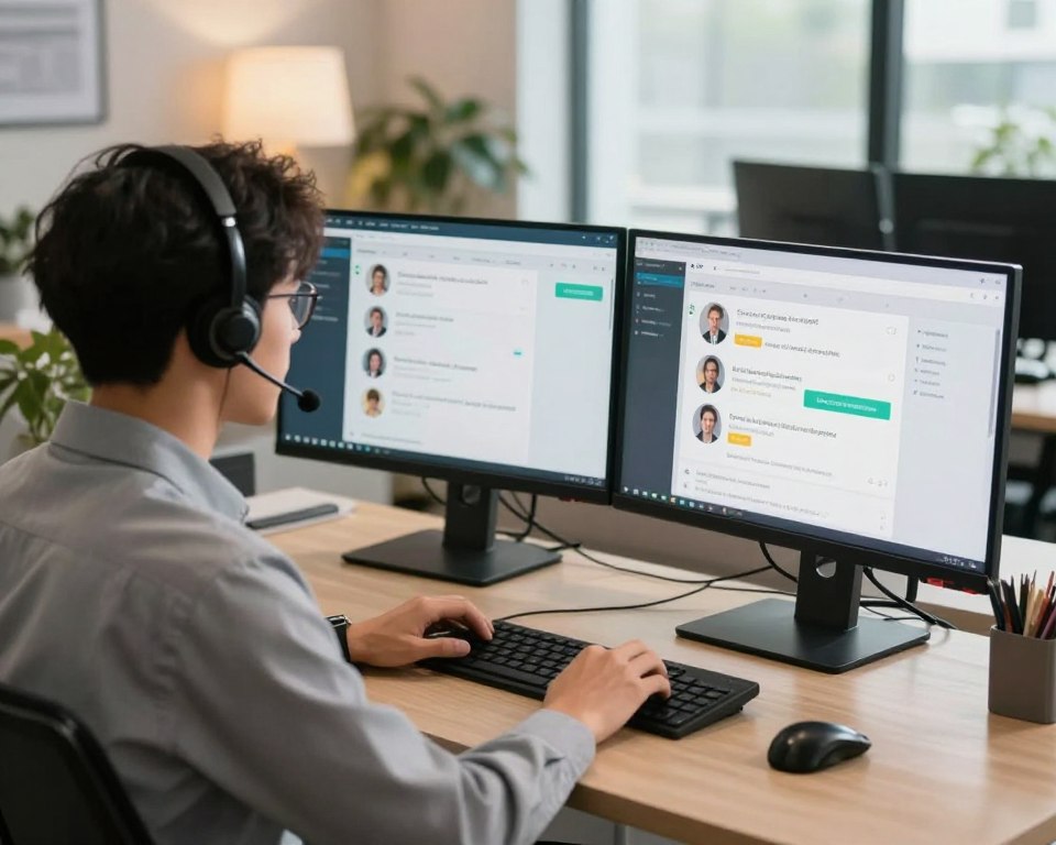 A professional customer support representative sitting at a modern desk equipped with dual monitors displaying IPTV services. The foreground shows a focused individual, dressed in professional business attire, attentively speaking on a headset. In the middle, a digital support interface is visible on one monitor, showing chat interactions with clients and troubleshooting steps. The background features a welcoming office environment with soft lighting, plants, and a large window allowing natural light to fill the space. The atmosphere is calm and reassuring, emphasizing reliability and professionalism in customer service. Use a warm color palette to evoke trust and dependability. The angle should be slightly above eye level, capturing the dynamics of the workspace without distractions. A professional customer support representative sitting at a modern desk equipped with dual monitors displaying IPTV services. The foreground shows a focused individual, dressed in professional business attire, attentively speaking on a headset. In the middle, a digital support interface is visible on one monitor, showing chat interactions with clients and troubleshooting steps. The background features a welcoming office environment with soft lighting, plants, and a large window allowing natural light to fill the space. The atmosphere is calm and reassuring, emphasizing reliability and professionalism in customer service. Use a warm color palette to evoke trust and dependability. The angle should be slightly above eye level, capturing the dynamics of the workspace without distractions.