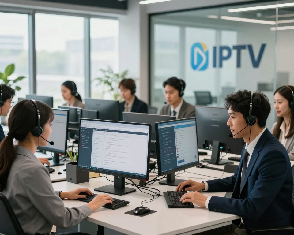 A professional customer support scene showcasing a reliable service. In the foreground, a diverse group of customer service representatives in smart business attire, attentively assisting clients via headsets. The middle layer features a modern office environment with sleek desks, computer screens displaying live support chats, and dynamic teamwork. In the background, soft natural light floods in through large windows, illuminating a glass wall with the logo of a premium IPTV service. The atmosphere is warm and inviting, reflecting trust and commitment. Use a wide-angle lens to capture the lively interactions, ensuring clarity and detail, while maintaining focus on the professionalism and engagement of the staff in delivering dependable customer support.