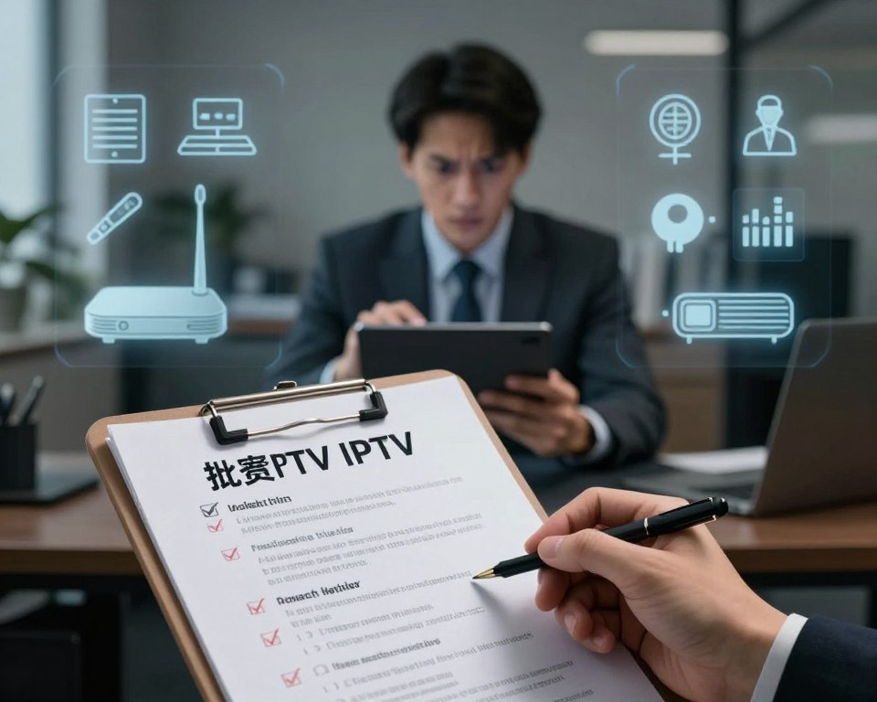 A professional guide on identifying illegal IPTV services, focused on a clipboard in the foreground displaying checklists and warning signs. In the middle, a person in business attire analyzing a digital device, looking concerned. Surround them with a faint outline of streaming devices and icons representing legal and illegal services. The background shows an office environment with soft, diffused lighting to create an academic atmosphere. Capture the seriousness of the topic with a slightly darkened color palette, suggesting a sense of caution. Use a wide-angle perspective to emphasize the importance of the guide and the person’s focus on making informed decisions.