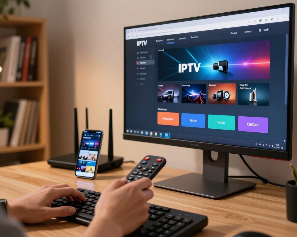 A professional-looking workspace featuring a sleek computer monitor displaying a vibrant IPTV testing interface. In the foreground, a close-up of a hand using a remote control or keyboard to navigate the interface, highlighting selection buttons for quality tests like buffering and streaming speed. In the middle ground, a modern desk with technical gadgets such as a Wi-Fi router and a smartphone displaying streaming applications. The background shows a well-lit room with soft, warm lighting, creating a cozy atmosphere, while a subtle blurred view of bookshelves filled with technology books adds context. The scene conveys a sense of thorough examination and modern technology, emphasizing the importance of checking IPTV quality.