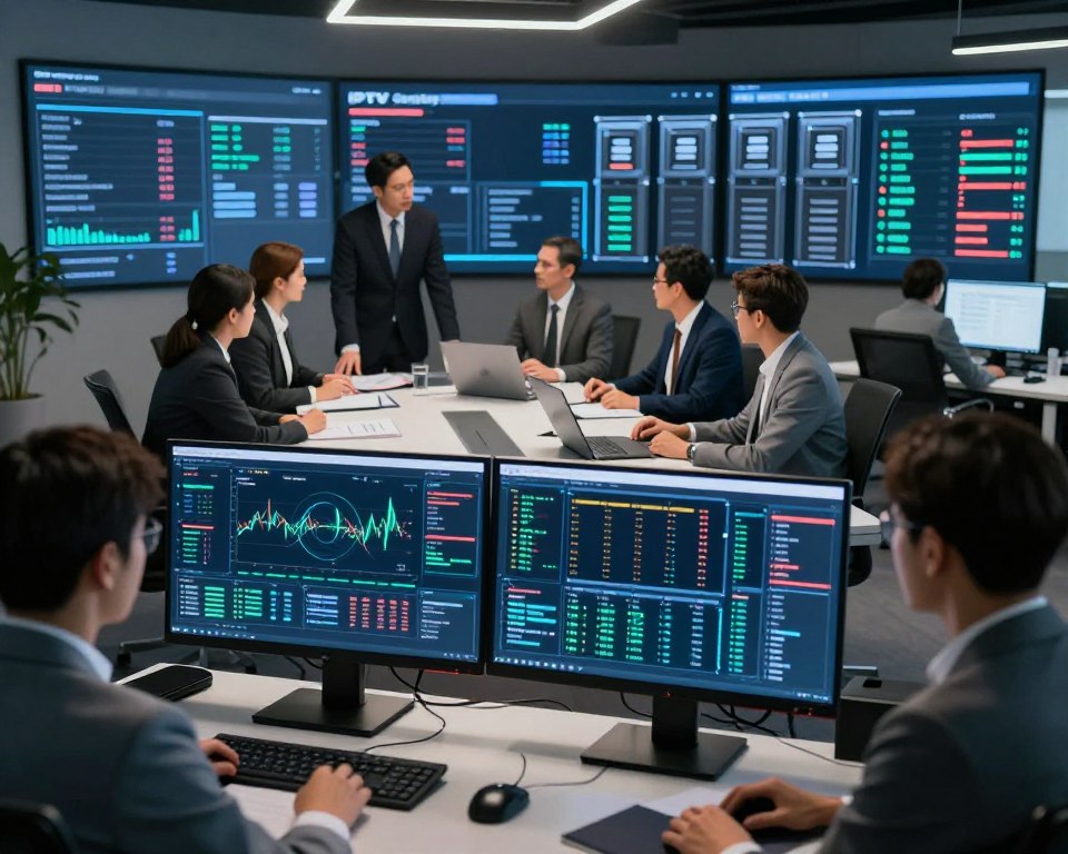 A professional, modern office environment showcasing stability in IPTV server quality and flux. In the foreground, a sleek workstation with dual monitors displaying technical graphs and server analytics, emphasizing high-quality data flow. The middle layer features a diverse group of professionals in business attire engaged in a focused discussion around a conference table, analyzing documents and laptops. The background reveals a digital display wall showcasing real-time streaming statistics and server health indicators. Soft, ambient lighting creates a productive atmosphere, while a wide-angle lens captures the collaboration and advanced technology in this futuristic setting. The mood is dynamic yet professional, embodying the theme of reliable IPTV service quality. A professional, modern office environment showcasing stability in IPTV server quality and flux. In the foreground, a sleek workstation with dual monitors displaying technical graphs and server analytics, emphasizing high-quality data flow. The middle layer features a diverse group of professionals in business attire engaged in a focused discussion around a conference table, analyzing documents and laptops. The background reveals a digital display wall showcasing real-time streaming statistics and server health indicators. Soft, ambient lighting creates a productive atmosphere, while a wide-angle lens captures the collaboration and advanced technology in this futuristic setting. The mood is dynamic yet professional, embodying the theme of reliable IPTV service quality.