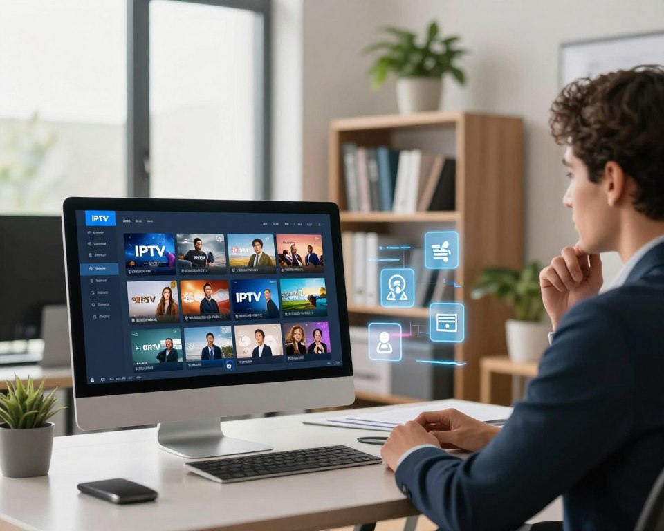 A professional, modern office setting with a sleek desk and a high-tech computer displaying an IPTV platform interface on the screen, showcasing a diverse range of TV channels. In the foreground, a well-dressed person, engaged in a thoughtful pose, reviews criteria for choosing a reliable IPTV service, surrounded by floating icons representing speed, reliability, variety, and customer support. The middle ground features a stylish bookshelf filled with technology books and a potted plant for a touch of greenery. The background has large windows allowing natural light to flood the room, creating a warm and inviting atmosphere. Soft focus on the background adds depth. The overall mood conveys professionalism and clarity, emphasizing informed decision-making in IPTV selection. A professional, modern office setting with a sleek desk and a high-tech computer displaying an IPTV platform interface on the screen, showcasing a diverse range of TV channels. In the foreground, a well-dressed person, engaged in a thoughtful pose, reviews criteria for choosing a reliable IPTV service, surrounded by floating icons representing speed, reliability, variety, and customer support. The middle ground features a stylish bookshelf filled with technology books and a potted plant for a touch of greenery. The background has large windows allowing natural light to flood the room, creating a warm and inviting atmosphere. Soft focus on the background adds depth. The overall mood conveys professionalism and clarity, emphasizing informed decision-making in IPTV selection.