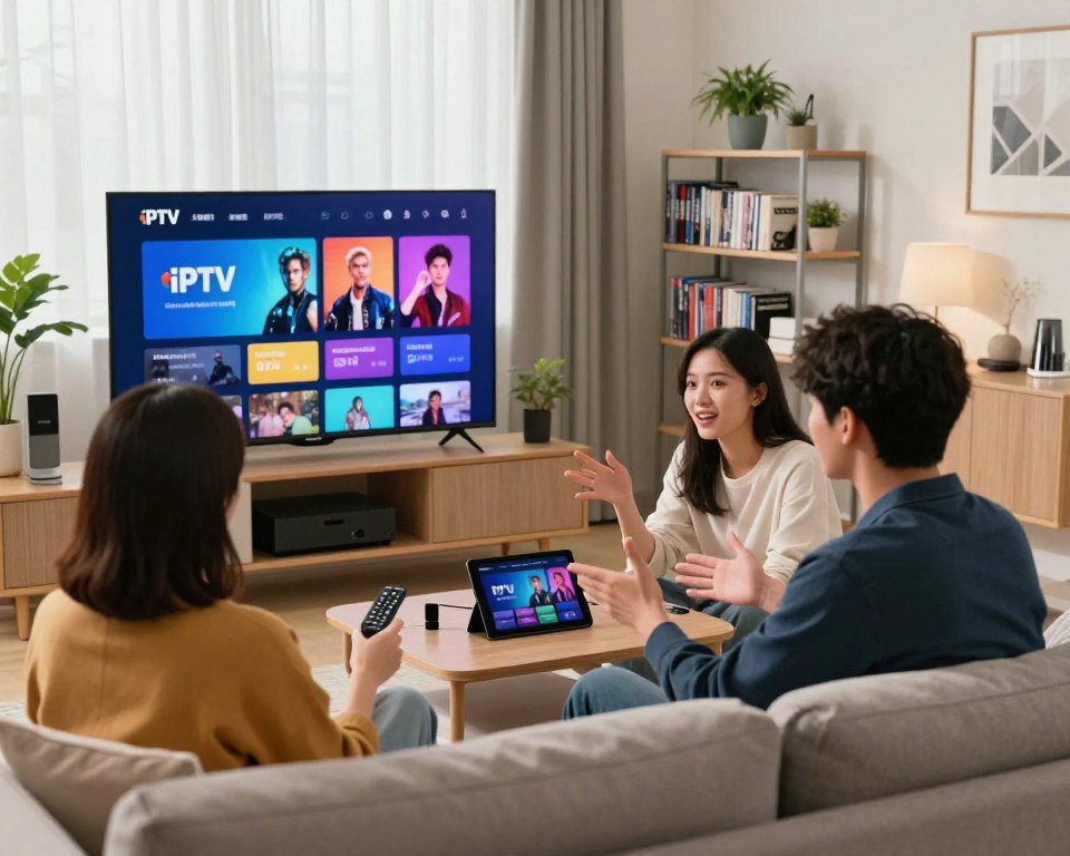 A professional setting depicting a modern living room with a large TV displaying a vibrant IPTV interface. In the foreground, a couple of young adults in smart casual attire engage in discussions while seated on a comfortable couch, surrounded by streaming devices like a remote control and a tablet. In the middle, there are shelves with DVDs and books about television series, emphasizing a love for content. The background features a stylish home decor including plants and soft lighting, creating a cozy atmosphere. The scene is well-lit with natural light filtering through large windows, suggesting an inviting midday mood. The focus is on the couple exploring their options for IPTV providers, capturing a moment of decision-making. A professional setting depicting a modern living room with a large TV displaying a vibrant IPTV interface. In the foreground, a couple of young adults in smart casual attire engage in discussions while seated on a comfortable couch, surrounded by streaming devices like a remote control and a tablet. In the middle, there are shelves with DVDs and books about television series, emphasizing a love for content. The background features a stylish home decor including plants and soft lighting, creating a cozy atmosphere. The scene is well-lit with natural light filtering through large windows, suggesting an inviting midday mood. The focus is on the couple exploring their options for IPTV providers, capturing a moment of decision-making.