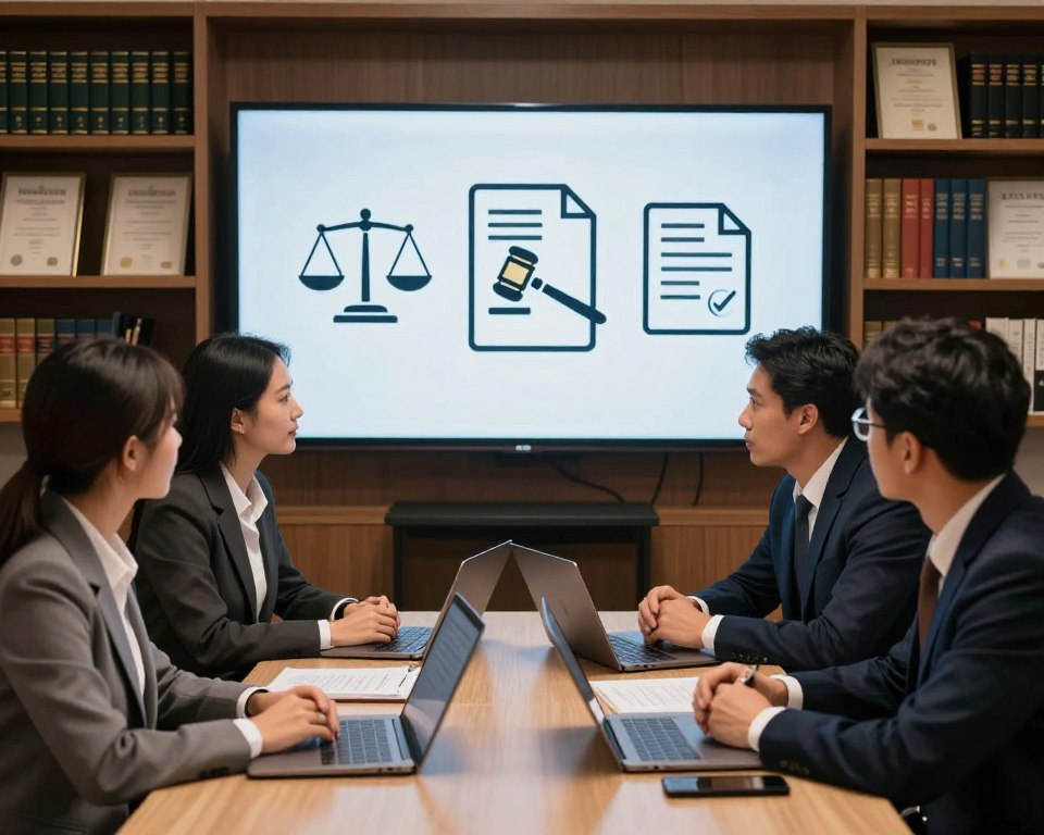 A professional setting showcasing the legal aspects of IPTV subscriptions. In the foreground, a diverse group of four individuals in business attire, engaged in a focused discussion around a table with laptops and legal documents. In the middle ground, a large screen displays icons symbolizing legality, such as scales of justice, a gavel, and a document with a checkmark. The background features shelves with law books and certificates, creating an atmosphere of authority and knowledge. Warm, soft lighting enhances the professionalism, while a wide-angle lens captures the scene in a dynamic way. The mood should be serious yet collaborative, reflecting a gathering of experts sharing insights on IPTV legalities. A professional setting showcasing the legal aspects of IPTV subscriptions. In the foreground, a diverse group of four individuals in business attire, engaged in a focused discussion around a table with laptops and legal documents. In the middle ground, a large screen displays icons symbolizing legality, such as scales of justice, a gavel, and a document with a checkmark. The background features shelves with law books and certificates, creating an atmosphere of authority and knowledge. Warm, soft lighting enhances the professionalism, while a wide-angle lens captures the scene in a dynamic way. The mood should be serious yet collaborative, reflecting a gathering of experts sharing insights on IPTV legalities.