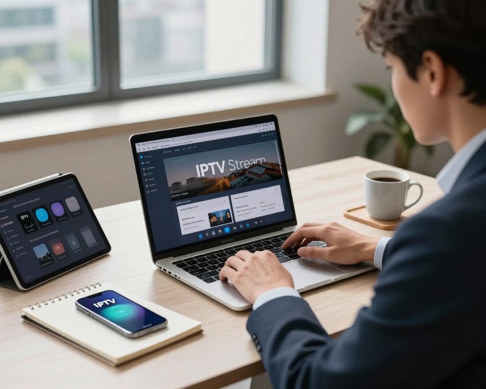 A professional workspace scene featuring a modern laptop displaying an IPTV Stream Player interface, surrounded by various devices like a tablet and smartphone. In the foreground, a person in business attire is intently configuring settings on the laptop, highlighting a sense of engagement and focus. The middle-ground includes a neatly organized desk with a notepad and a coffee mug, creating a relatable environment. In the background, a large window lets in natural light, casting soft shadows, and providing a view of a cityscape. The mood is productive and technological, evoking a sense of empowerment in mastering digital tools. The lighting is bright and clear, emphasizing the details of the devices and the user's concentrated expression.