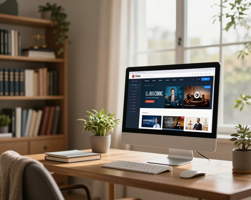 A serene and inviting home office setting in the foreground, featuring a sleek desktop computer displaying various legal streaming platforms' logos in a visually appealing arrangement. In the middle ground, a well-organized bookshelf filled with books on law and media ethics enhances the environment. The background reveals a large window with soft natural light filtering through, casting a warm, calming glow over the space. Include a cozy chair with a neatly placed blanket and a potted plant, underscoring the peaceful atmosphere. The image should convey a sense of security and professionalism, inviting viewers to focus on finding reliable legal streaming options without distraction. Use a shallow depth of field for a soft bokeh effect on the background elements.