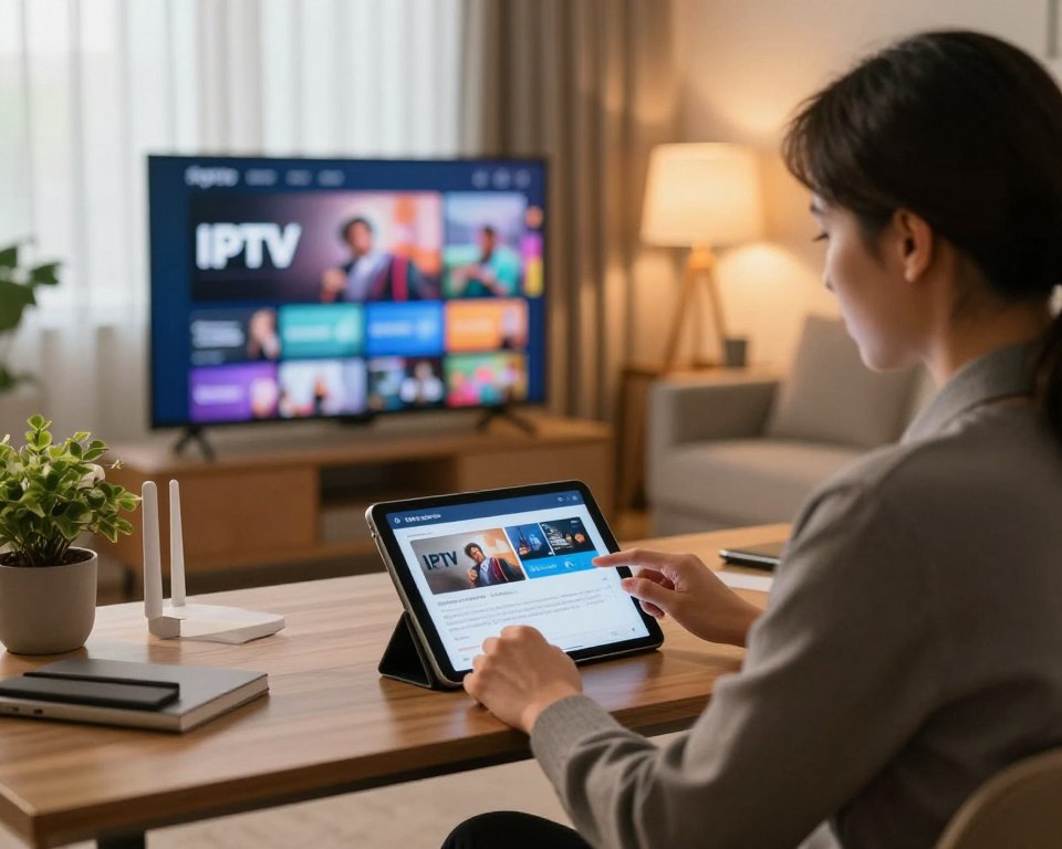 A serene home office environment, showcasing a modern television displaying vibrant IPTV content. In the foreground, a confident, professionally dressed person reviews an IPTV subscription on a sleek tablet, exuding a sense of assurance. The middle layer features a stylish laptop and a potted plant, enhancing the ambiance. The background showcases a cozy living room with warm, inviting lighting filtering through sheer curtains, creating a calm and trustworthy atmosphere. A hint of technology, like a Wi-Fi router, subtly integrated into the scene conveys the theme of solid guarantees in online TV subscriptions. The image should evoke a mood of security and reliability, emphasizing peace of mind in choosing IPTV services, captured with soft focus and natural lighting for a warm effect.