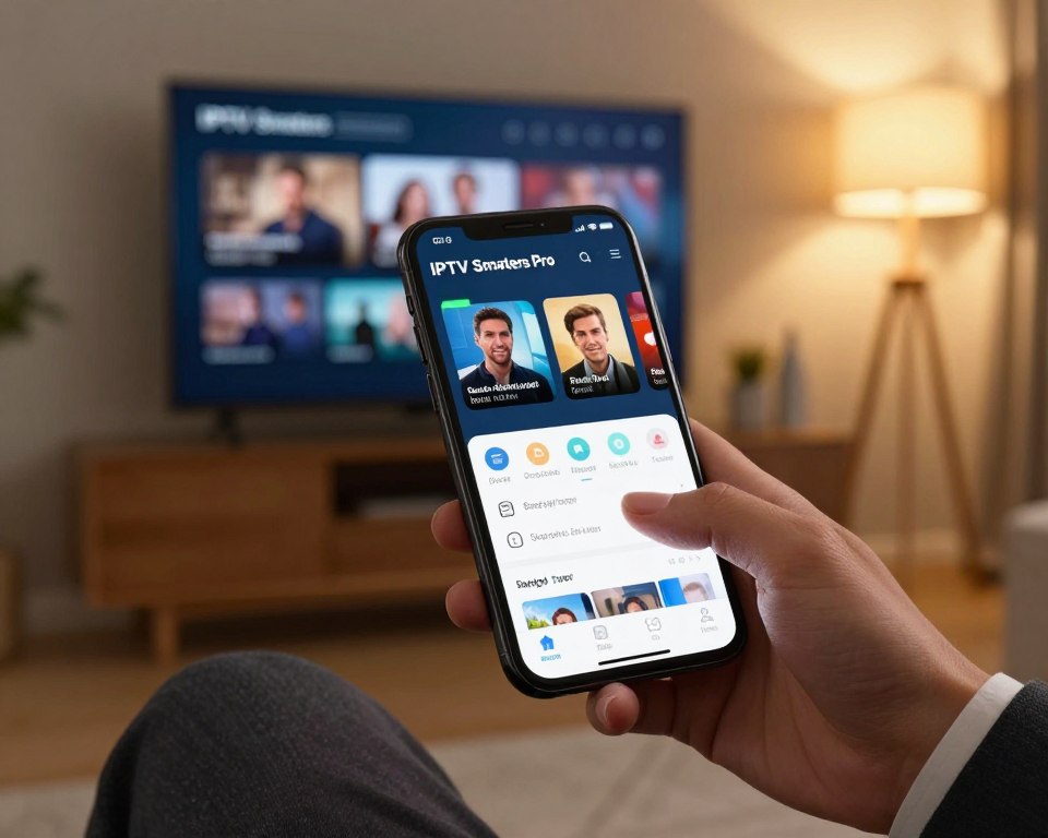 A sleek and modern interface of the IPTV Smarters Pro application displayed on a high-resolution smartphone. In the foreground, the phone screen showcases vibrant and interactive features such as live TV categories, a user-friendly settings menu, and an eye-catching program guide. The middle layer includes a pair of hands, depicted in professional attire, navigating the app with finesse, conveying ease of use. The background features a cozy living room setting with a stylish TV mounted on the wall, bathed in warm ambient lighting from a floor lamp, suggesting a comfortable viewing experience. The atmosphere is inviting and tech-savvy, emphasizing the seamless capabilities of the IPTV app. The composition should maintain focus on the app's features while delivering a sense of relaxation and modern technology. A sleek and modern interface of the IPTV Smarters Pro application displayed on a high-resolution smartphone. In the foreground, the phone screen showcases vibrant and interactive features such as live TV categories, a user-friendly settings menu, and an eye-catching program guide. The middle layer includes a pair of hands, depicted in professional attire, navigating the app with finesse, conveying ease of use. The background features a cozy living room setting with a stylish TV mounted on the wall, bathed in warm ambient lighting from a floor lamp, suggesting a comfortable viewing experience. The atmosphere is inviting and tech-savvy, emphasizing the seamless capabilities of the IPTV app. The composition should maintain focus on the app's features while delivering a sense of relaxation and modern technology.