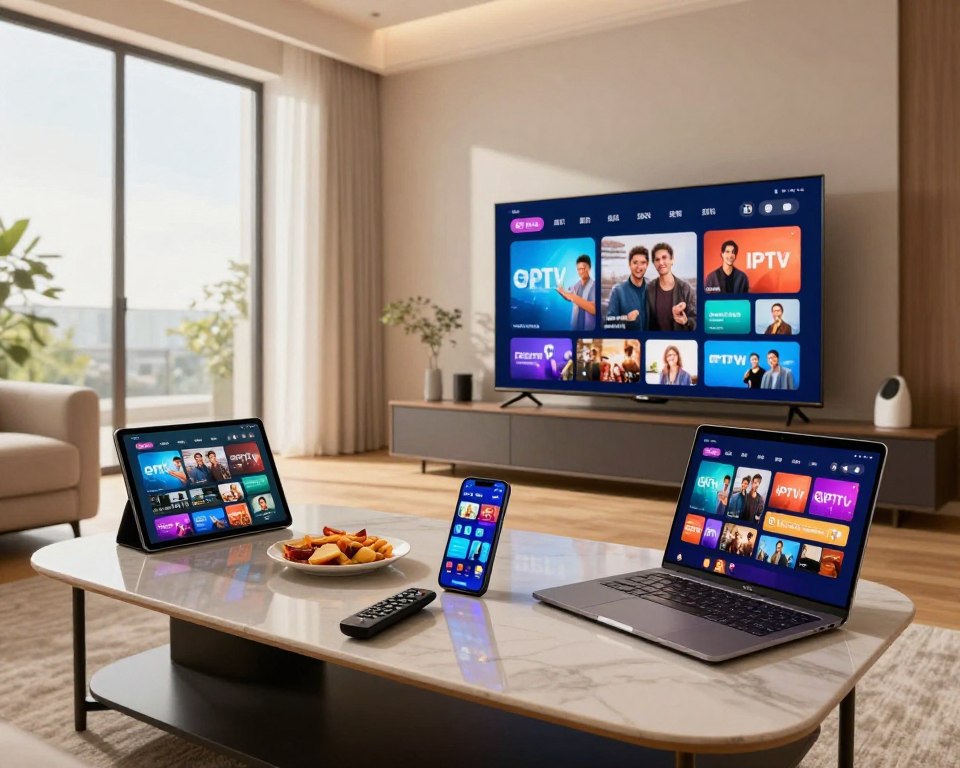 A sleek and modern living room setting showcasing a variety of devices, including a smart TV, tablet, smartphone, and laptop, all displaying vibrant IPTV content. In the foreground, a stylish coffee table with a remote control and snacks creates a cozy atmosphere. The middle section features the devices arranged harmoniously, with bright screen displays reflecting engaging visuals. In the background, large windows allow natural sunlight to flood the room, enhancing the inviting ambiance. Soft, warm lighting creates a relaxed mood, perfect for entertainment. The scene is captured with a slight fisheye lens for a dynamic perspective, emphasizing accessibility and versatility of IPTV services across all devices.
