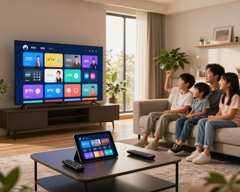A sleek and modern living room setting with a large flat-screen TV displaying various streaming services icons. In the foreground, a stylish coffee table stacked with remote controls and a tablet showing the IPTV interface. In the middle, a comfortable sofa with a family of four dressed in smart casual attire, engaged in watching the TV. The background features a large window letting in warm, natural light, with green plants adorning the corners, enhancing the cozy atmosphere. Capture a sense of excitement and anticipation, emphasizing the concept of IPTV technology and the future of streaming. Use soft, inviting lighting to create a welcoming and modern vibe, with a slight angle that emphasizes both the family and the dynamic TV display. A sleek and modern living room setting with a large flat-screen TV displaying various streaming services icons. In the foreground, a stylish coffee table stacked with remote controls and a tablet showing the IPTV interface. In the middle, a comfortable sofa with a family of four dressed in smart casual attire, engaged in watching the TV. The background features a large window letting in warm, natural light, with green plants adorning the corners, enhancing the cozy atmosphere. Capture a sense of excitement and anticipation, emphasizing the concept of IPTV technology and the future of streaming. Use soft, inviting lighting to create a welcoming and modern vibe, with a slight angle that emphasizes both the family and the dynamic TV display.